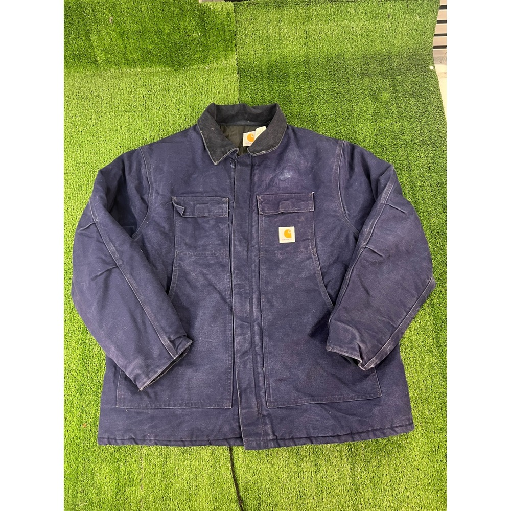 Vintage Carhartt C0182 Navy Blue Duck Canvas Quilted Chore Coat Jacket Mens 52